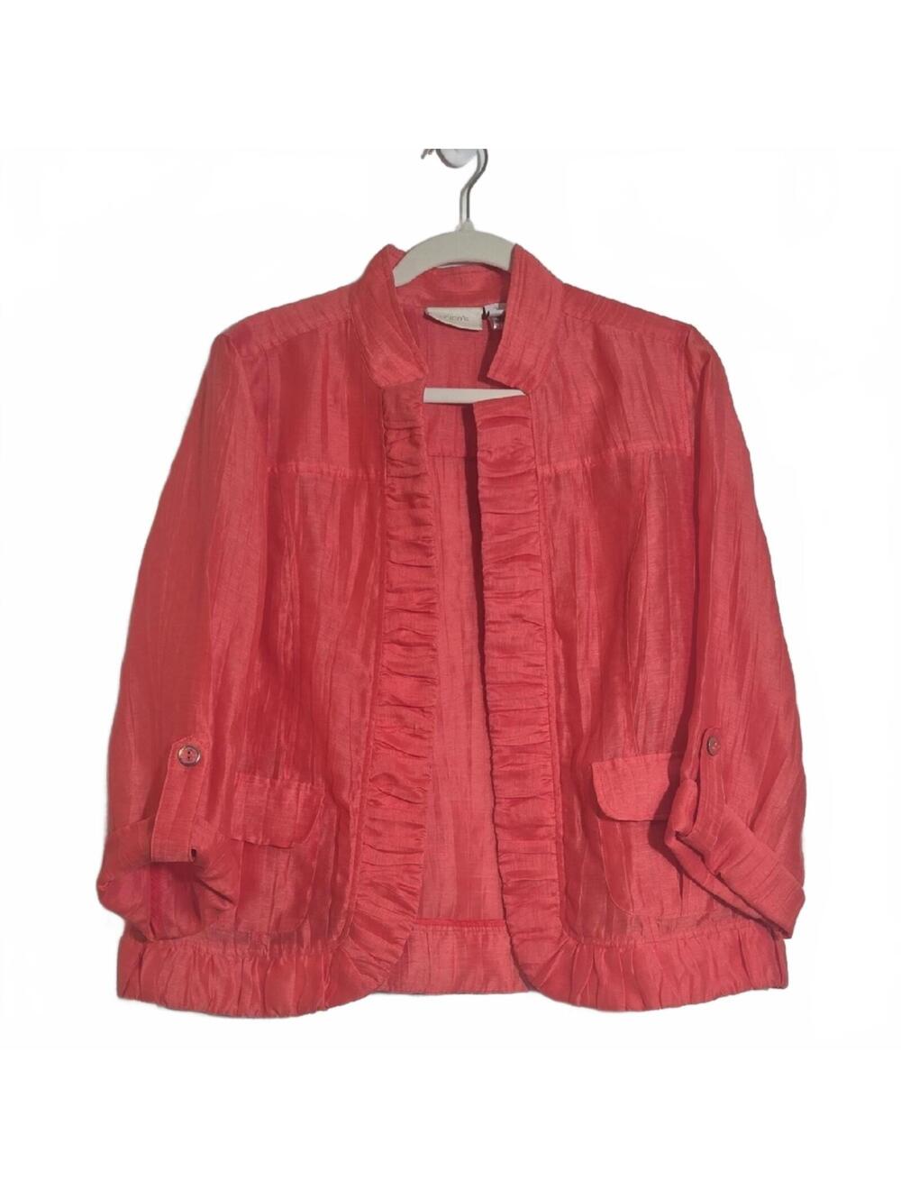 🎇 Chico's Vibrant Coral Orange Ruffle Linen Blend Blazer Chicos Size 1 US Med
